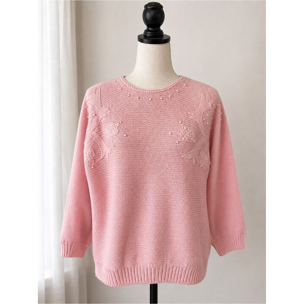 Vintage 80s Pink Pearl Floral Embellished Sweater Medium